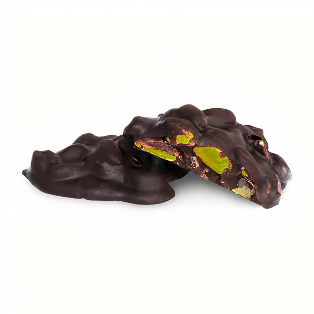 Handgemachte dunkle Schokolade mit 30% Pistazienanteil - Kischmisch.de