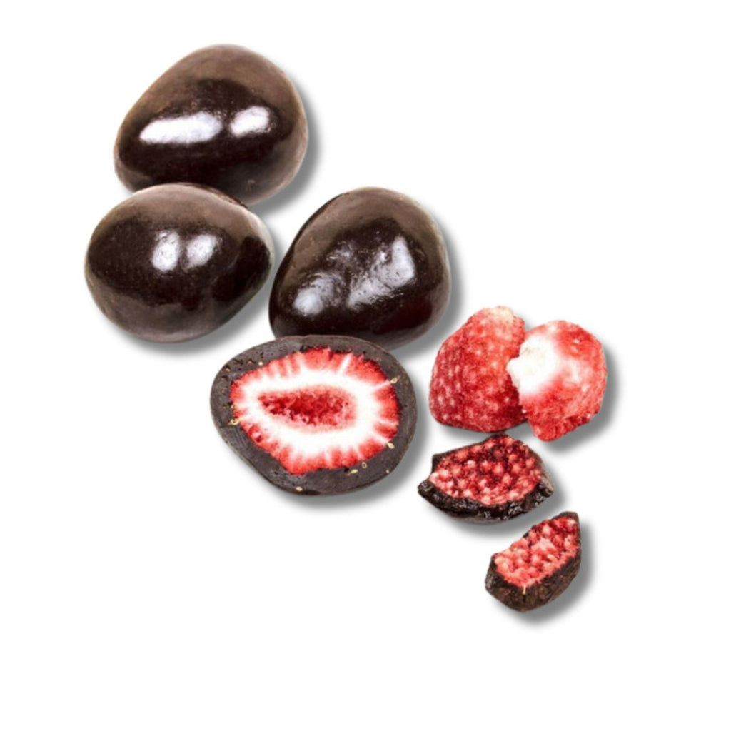 Gefriergetrocknete Erdbeeren in dunkler Zartbitterschokolade - Kischmisch